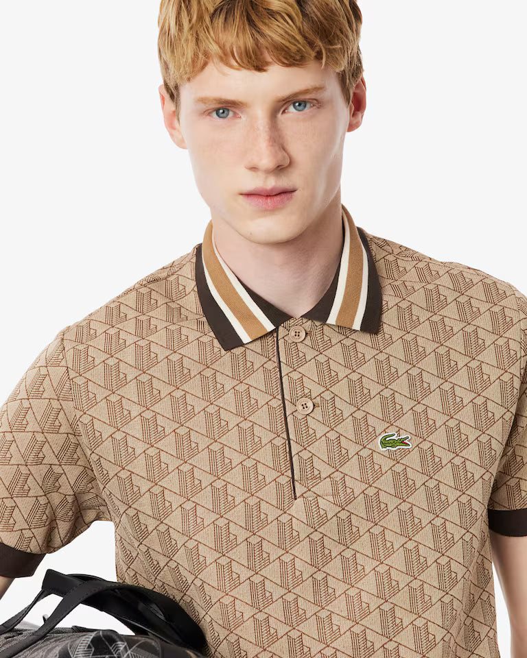 LACOSTE Lacoste Men Classic Fit Monogram Jacquard Polo Shirt — Beige — 3