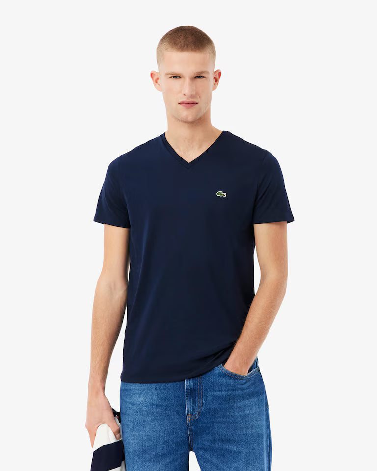 LACOSTE Lacoste Men Lightweight Cotton Pima V Neck T-shirt — Navy Blue — 4